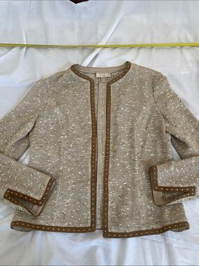 NORDSTROM STUDIO 121 Women’s Tweed Open-Front Jacket in Beige with Brown Trim sm
